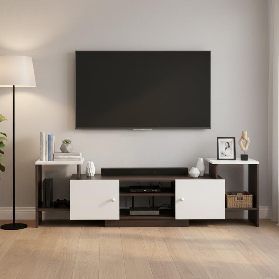Image of FURNEASER Eptimal Modern TV Unit for Living Room | Engineered Wood Entertainment Center with Storage | TV Stand for 65 Inch TVs | TV Cabinet with Shelves & Doors | Wenge & White