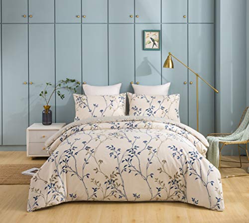 Tache Elegant Leaf Vine Nature Earthy Floral Neutral Cream Beige Tan Blue Breathable Poplin Cotton Zipper Duvet Cover, Queen #TOP7