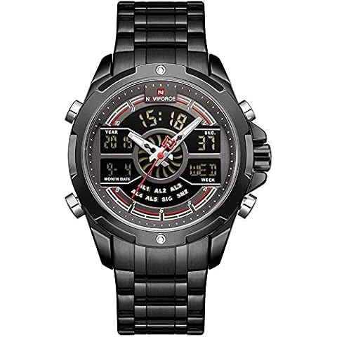 NAVIFORCE Mens Wrist Watch, Waterproof Analog Digital Watches with LED Backlight Multifunction Military Watch, Stainless Steel Business Watches for Men (Black) Cover