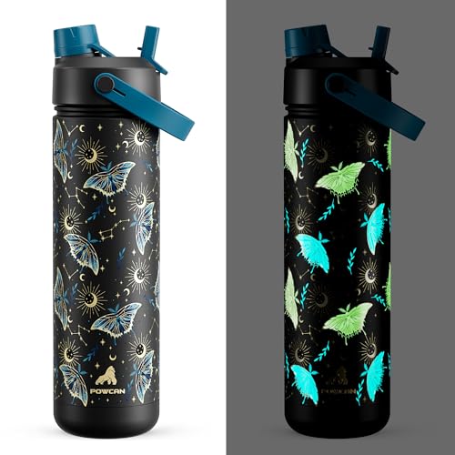 Image of POWCAN 26 oz Insulated Water Bottle: Straw and Spout Lid, Glow-in-the-Dark | Leak-proof, Keep Cold 24H, Cupholder Friendly, BPA-Free, Stainless Steel Water Bottle for Gift, Hiking, Trip (Gilded Flutter)