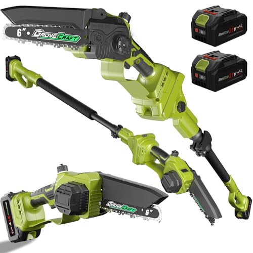 Grovecraft 2-IN-1 Cordless Pole Saw & Mini Chainsaw, 21V Battery Powered 6 Inch Electric Pole Chainsaw, 15Ft MAX Reach Pole Saw for Tree Trimming
