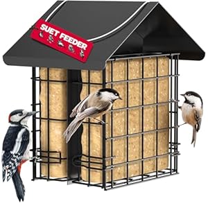 Suet Bird Feeder for Outside [Double Capacity] Suet Wild Bird Feeder with Hanging Metal Roof, Suet Feeders for Outside, for Use with Suet Cakes, Seed Cakes, Mealworm Cakes