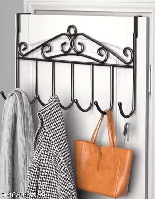 Over the Door Hook Rack, 7 Hooks, Black Metal Hanger | No Drilling Needed, Decorative Design, Clothes & Bag Organiser, Space Saving, Easy Installation-image-48