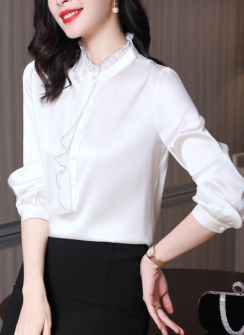 DISSA Blusa de seda para mujer, cuello alto, blusa de manga larga, camisa de seda con volantes, S9223