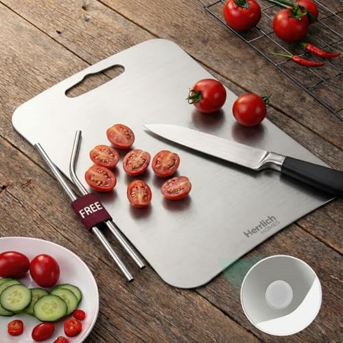 Image of Herrlich Homes Rectangular Stainless Steel Cutting-Chopping Kneading Board for Kitchen |Chopping Board for Cutting Vegetables, Meat, Fish, Fruits |Unbreakable | Easy to Clean | Large || 34.5 X 24.5 cm