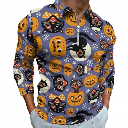 Polo zippé homme motif citrouilles Halloween et chat d'automne