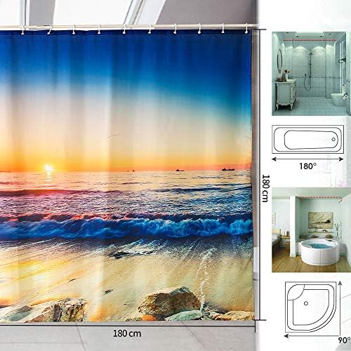 ENCOFT Shower Curtains 100% Polyester Bathroom Curtains Waterproof Anti Mould Bathroom Curtains 12PCS Hooks Bath Curtains (Sea, 180X180cm)