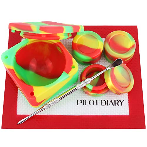 Pilot Diary Wax Carving Kit Large Silicone Jar Containers 37ml (1) + Standard Silicone Jar (3) + Stainless Steel Wax Carving Tool (1) + Nonstick Wax Mat 5.5″ x 4.5″(1) - Red/Green/Yellow