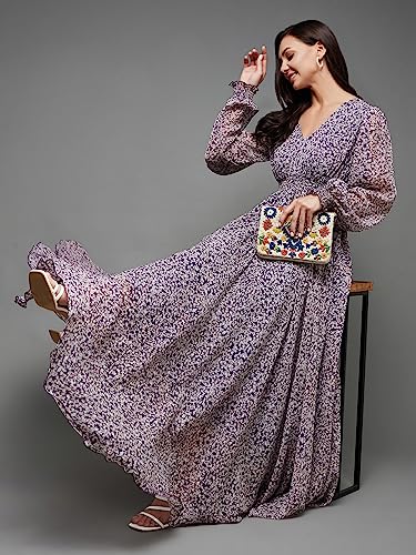 Image of Miss Chase Women Pleated V Neck Full Sleeves Relaxed Fit Midi Length Dress