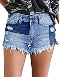 luvamia Women Casual High Waisted Denim Shorts Frayed Raw Hem Ripped Jeans Shorts Colorblock Blue Size Small Fits US 4-6