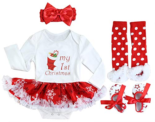 FANCYINN bébé Filles noël Tutu Tulle Robe ma première Robe de noël Enfants en Bas âge noël Barboteuse Robe avec Bandeau jambières et Chaussures Chaussettes Rouges 12-24 Mois Cover