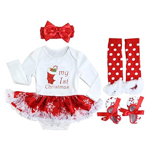 FANCYINN Conjuntos Bebe Niña Navidad Arbol Tutu Vetidos Leggins Mi Primera Navidad Ropa 4 Piezas