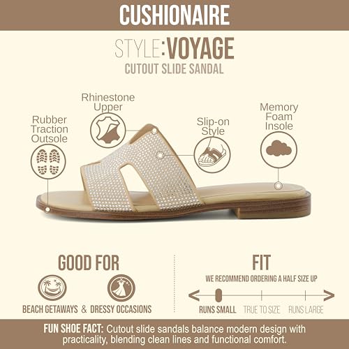 Image of CUSHIONAIRE Voyage Cutout Strap Slides for Women, Slip On Summer Flats, Trendy Footwear, Memory Foam Vegan Leather Comfortable Vacation Style Sandals