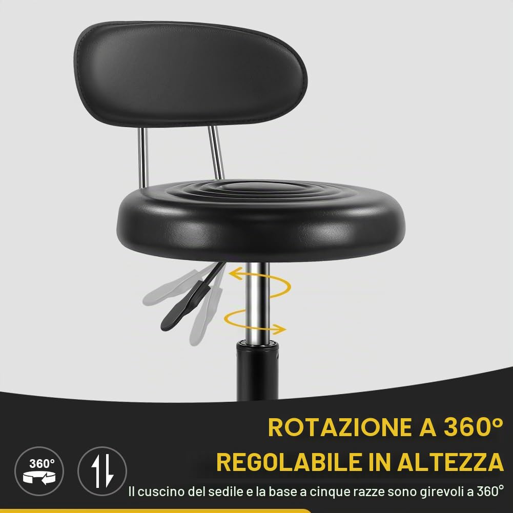 Sgabello girevole con ruote, sgabello girevole con schienale regolabile in altezza, in pelle PU, ideale per spa, saloni, casa, ufficio, lavoro di redazione (nero)