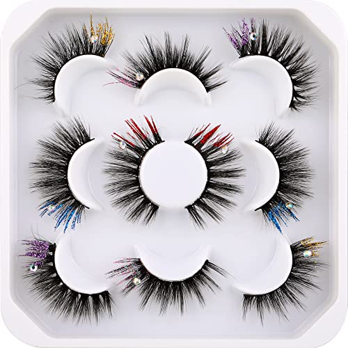 JIMIRE False Eyelashes Decorative Lashes Natural Look 3D Fluffy Glitter Diamond Fake Eyelashes for Festival Cosplay 5 Pairs Pack