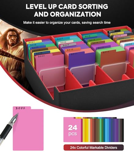 Image of MoKo Trading Card Storage Box, 3000+ MTG Deck Box with 24 Colorful Dividers & 4 Card Supporters, Commander Card Deck Case Fits for Magic Game Cards, YugiOh, TCG, PTG and Sport Cards, Black Red