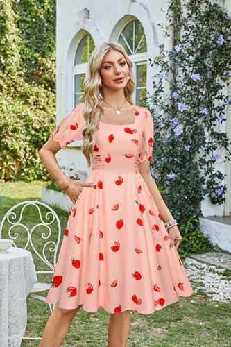 Image of Belle Poque Women's Vintage Midi Cottagecore Cocktail Dresses | Belle Poque Women's Vintage Cottage Core Dress,A-line,Midi,Square Neck,Homecoming Dress,Cocktail Dress,Sun Dress
