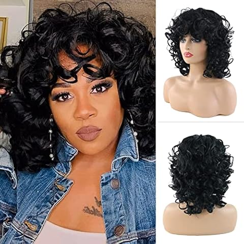 TopWigy 14 Inch Short Curly Black Wig for Women with Fringe, Lady Wigs Shoulder Length Wavy Synthetic Hair Heat Resistant Natural Looking for Halloween Concerts Costume Daily Use Cover