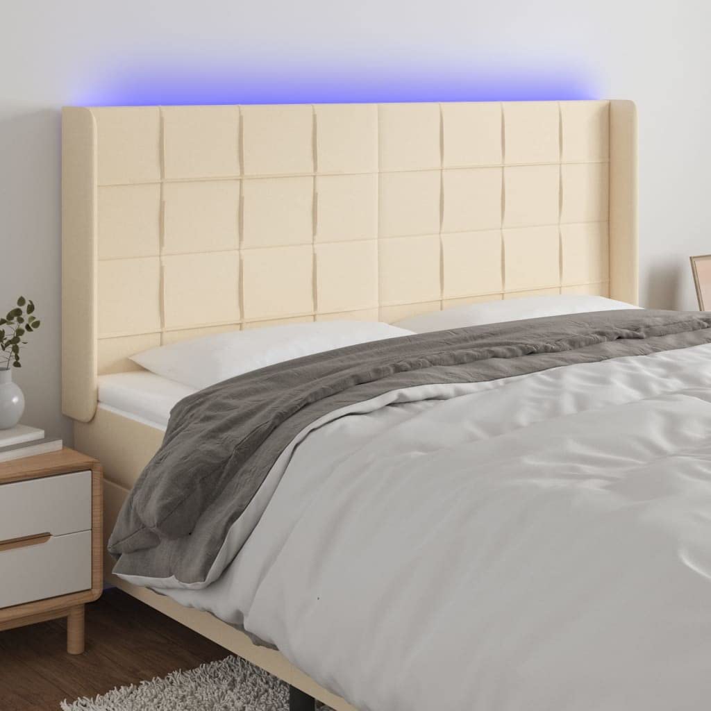 Cabecero LED color crema, 183 x 16 x 118/128 cm, altura regulable, incluye 2 tiras LED de 55 cm, IP65, USB, 5 V, tela a base de madera, alerce, diseño moderno para dormitorio juvenil