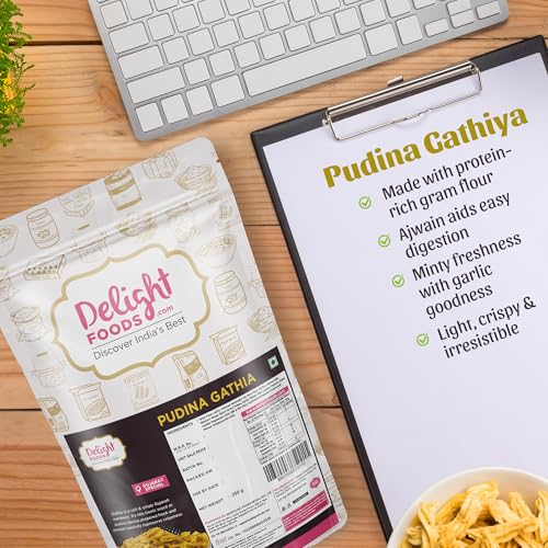 Image of Delight Foods Pudina Gathiya Namkeen 250g | Gathiya Papdi | Gathi Shev | Crispy Gujrathi Namkeen | Pudina Flavoured Ghathia | Indian Snacks