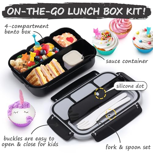 Image of QQKO Bento Box for Kids Adults, School Toddler Lunch Box for Boys Girls, Lunch Box Containers with 4 Compartments, Sauce Container, Utensils, Food Picks and Muffin Cups for School, Black Gray