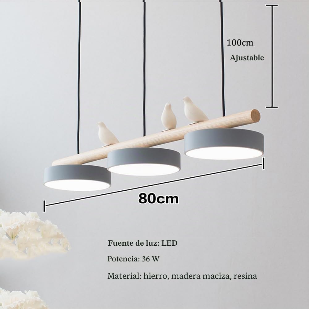Lámpara colgante lineal LED moderna de 3 luces para mesa de comedor, lámpara colgante de techo de madera con diseño de pájaro nórdico, regulable, para decoración de cocina, isla, casa de cam