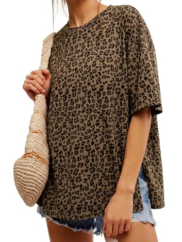 Image of Tankaneo Womens Oversized Tshirts Summer Casual Short Sleeve Crew Neck T Shirt Loose Fit Side Slit Tee Tops
