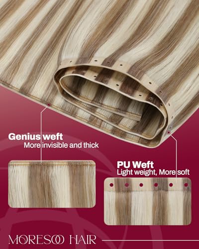 Image of Moresoo Butterfly Weft Hair Extensions Human Hair, Invisible Genius Weft, Light Brown with Blonde 14 Inch 50g, Add Volume, OVO PU Hole, Straight Soft Remy Hair, Simple Installation