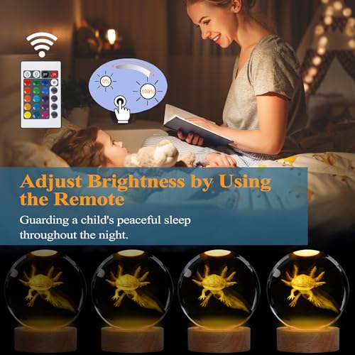 Image of Axolotl Night Light with Upgraded 3.15 Inch 3D K9 Crystal Ball, Axolotl Lamp with Remote 16 Color Gifting Box for Birthday Xmas Cool Axolotl Figurines Gifts for Room Decor Boys Girls