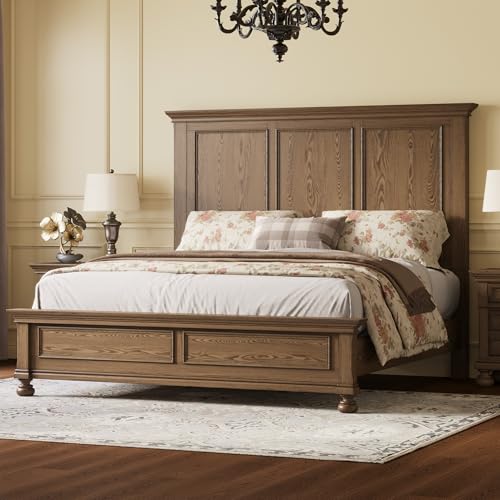 AMERLIFE Solid Wood Queen Bed Frame with 65.2' High Headboard, Traditional Platform Bed with Heavy...