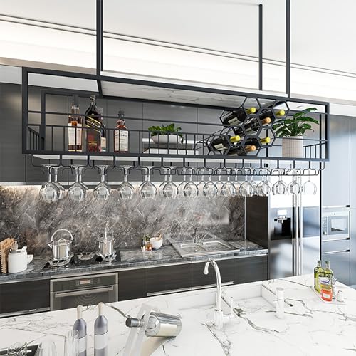 Support de vin suspendu avec support de verre et étagère de présentation pour bouteilles d'alcool - 3
