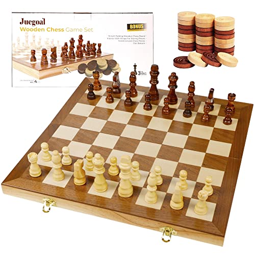 Juegoal 15´´ Wooden Chess & Checkers Set, 2 in 1 Board Games for Kids and Adults, with Felted Game Board Interior for Storage, Travel Portable Folding Chess Game Sets, Extra 24 Wooden Checkers Pieces