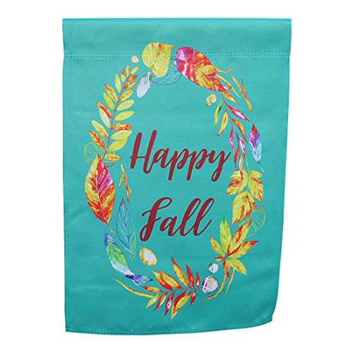 Boho Watercolor Autumn Garden Flag; Happy Fall message in wreath with leaves and feathers; true double sided, readable both sides; 12 inches by 18 inches