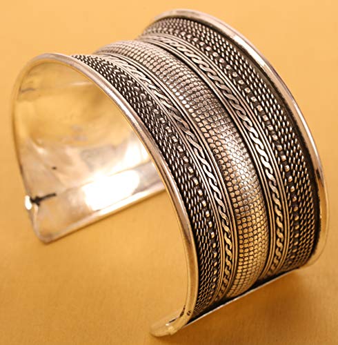 Image of Touchstone Indian Bollywood Desire Brass Base Exotic Workmanship Free Size Cuff Bracelet in Antique Gold Or White Or Copper Tone for Women.