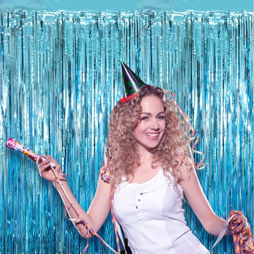 Image of Voircoloria 2 Pack Light Blue Tinsel Foil Fringe Curtains, Blue Party Decorations, Metallic Tinsel Party Streamers Backdrop for Birthday Baby Shower Graduation Wedding Anniversary Party Decorations