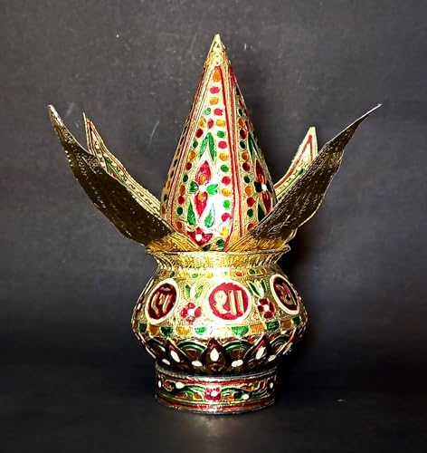 Aluminium Pot Kalash Meenakari, Indian Handcrafted Lota with Leaf, Perfect for Temple Pooja Decor, Spiritual Gift Item nariyal patta