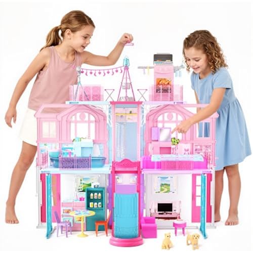 Style Shine 3-Story Doll House Foldable Dollhouse with Elevator & 5 Rooms