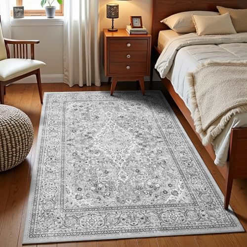 Flagover Grey Washable Boho Area Rug for Bedroom, 3x5 Vintage Floral Non Slip Rugs, Soft Low Pile Indoor Mat, Aesthetic Pattern Carpet for Living Room, Kitchen, Dining Room and Bedside