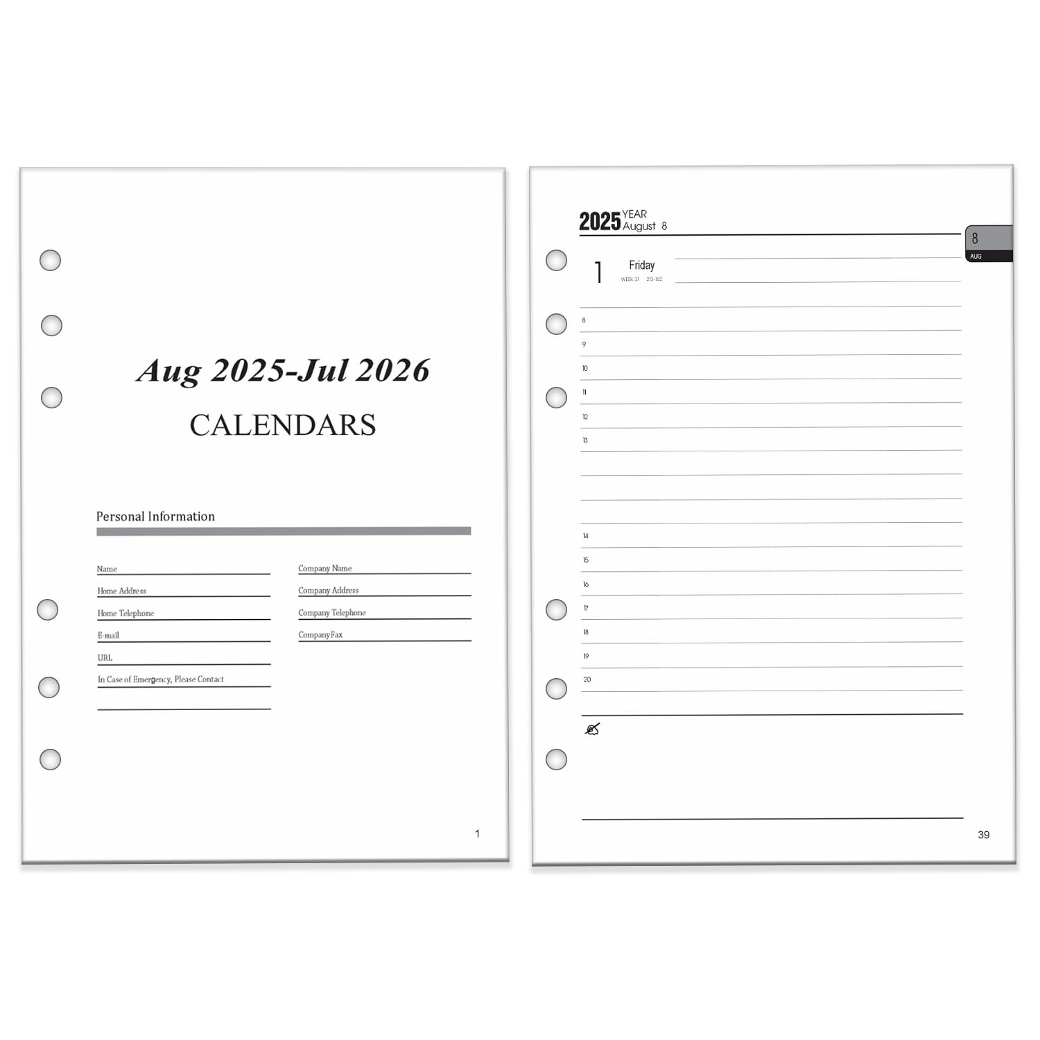 A5 Academic Year Diary 2025 2026 Refill Day per Page, Extra Annual Monthly Overview, Notes, Contact, August.25 to July.26, 6 Hole, Page a Day Mid Year Daily Planner Inserts for A5 Organizer/Binder