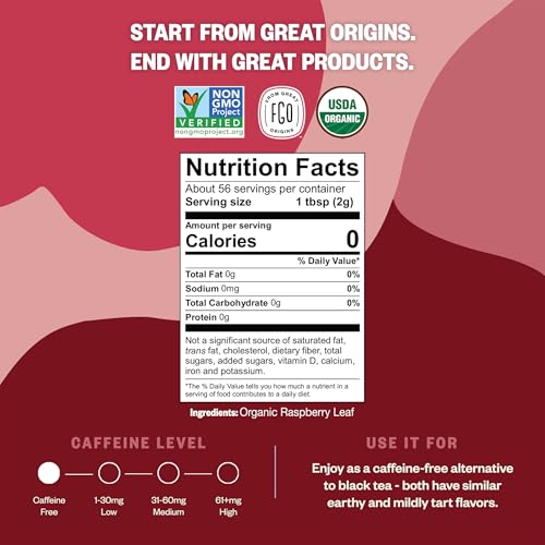 image for FGO Organic Red Raspberry Loose Leaf Herbal Tea, Cut and Sifted, Caffe