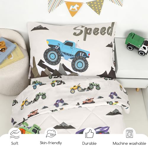 Image of 4 Piece Toddler Bedding Set, Ultra Soft and Breathable Cartoon Car Toddler Comforter Sets for Boys Includes Quilted Comforter, Fitted Sheet, Flat Sheet and Pillowcase