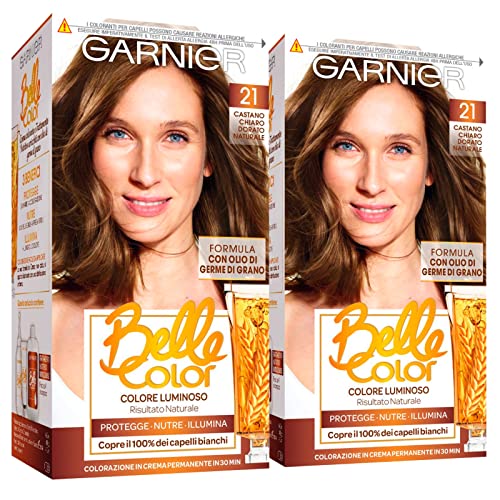 Garnier Belle Color Coloración Permanente Pelo 21 Castaño Claro Dorado Natural Tinte Acción Iluminadora Nutritiva Resultado Natural con Aceite de Germen de Trigo - 2 Paquetes