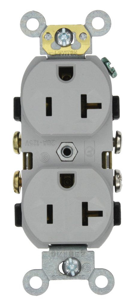 Leviton TCR20-GY Tamper Resistant Duplex Receptacle – 20 Amp, 125 Volt, Commercial Grade, Side-Wired, Grey, With Shutter Mechanism For Child Safety