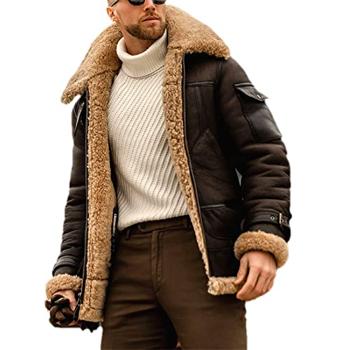 MANYMANY Chaqueta de aviador vintage para hombre, chaqueta de piloto de aviador clásica de piel de oveja de carga, chaqueta de piloto de aviador clásica, ropa de abrigo cálida con cremallera de cuero Cover