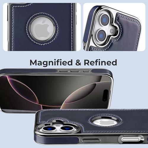 Image of PULOKA Chrome Leather Back Case - Compatible with iPhone 16 - Luxury Bumper Case - Flexible Vegan Leather - Electroplated Sides & Logocut - Full Camera Protetection & Raised Edges - Blue