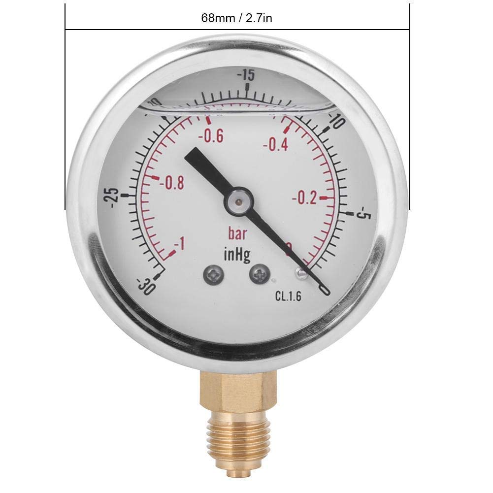 Manomètre à Vide Radial Rempli d' Jauge de Pression Négative -1 à 0 bar (-30 à 0 inHg) Double Échelle Boîtier Acier Inoxydable Raccord Laiton 1/4" BSP pour Pompes à Vide et Systèmes de