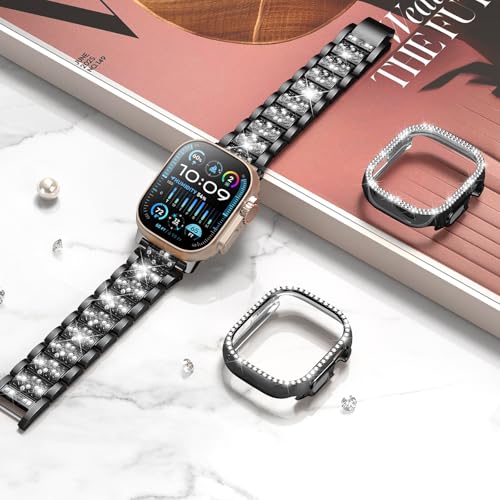 Image of SUPOIX for Apple Watch Band 49mm + Case, Bling Bands for Women (Black) | Shiny Metal Bands & 2 Pack Protective Cover Cases for iWatch Ultra 49mm