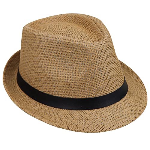 HilyBony Sombrero Fedora de paja para hombres y mujeres, sombrero de verano para playa, sombrero de Panamá, sombrero Trilby con banda negra, caqui, Taille unique Cover