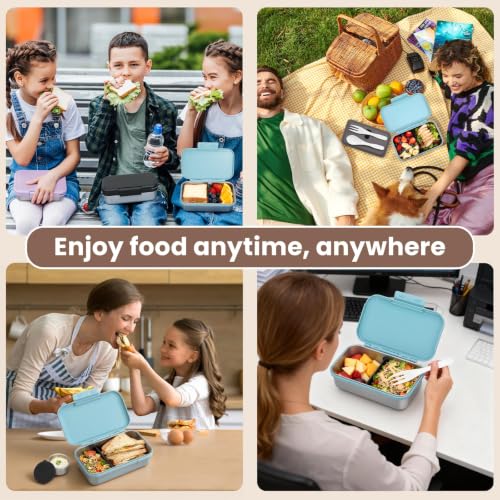 Image of JSLOVE Stainless Steel Lunch Bento Box for Adult, 30oz Leak-Proof Lunch Container, Stainless Metal Kid Bento Box with Adjustable Divider, Sauce Container, Microwave, Dishwasher & Freezer Safe(Blue)