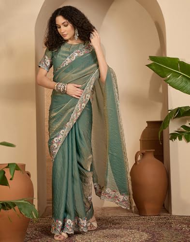 Image of SIRIL Women's Shimmer Georgette Scalloped Border Sequins Embroidery Saree with Unstitched Blouse Piece